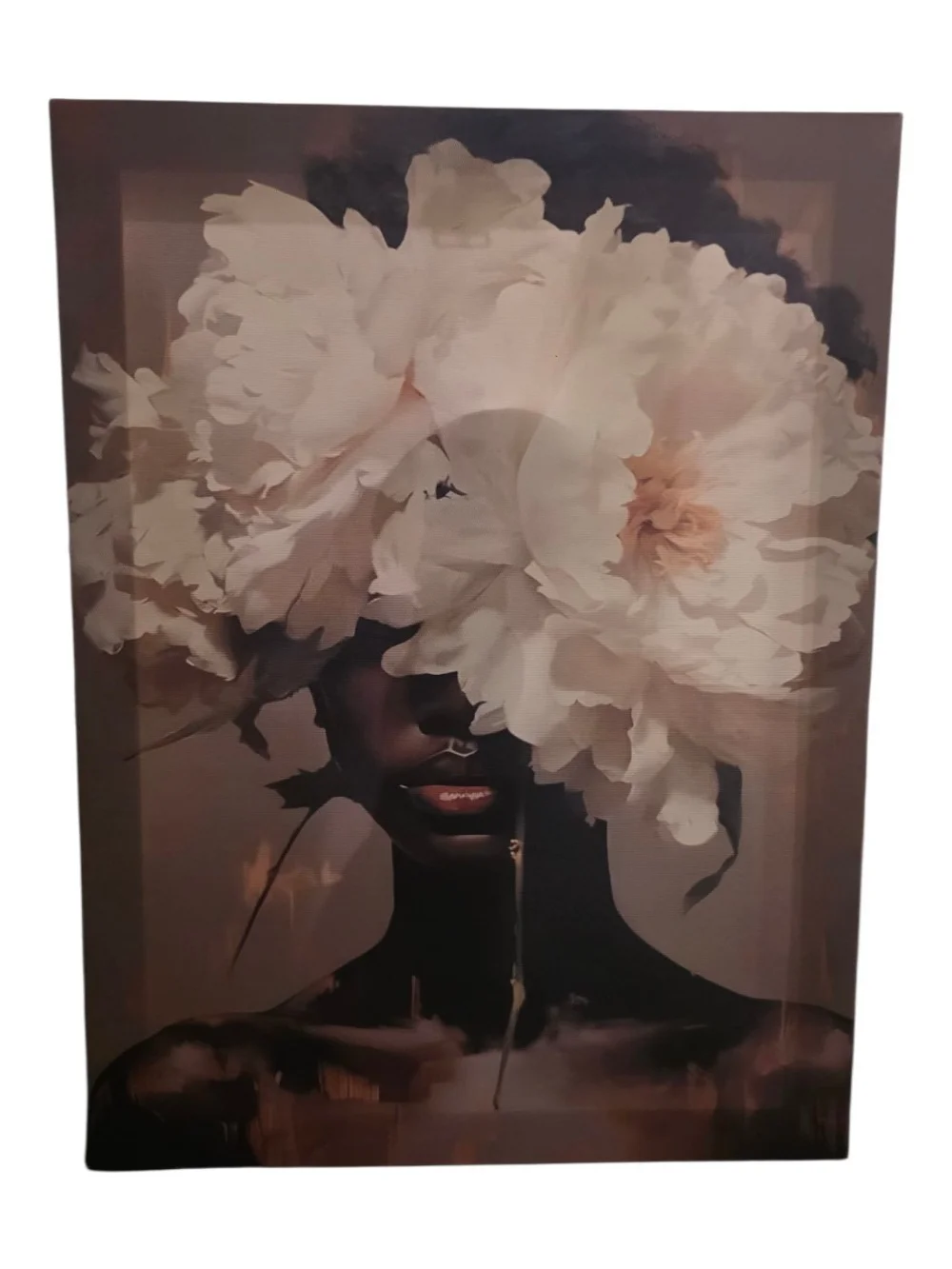 Silent Bloom Surrealist Black Woman Floral Canvas Wall Art – 12x16in